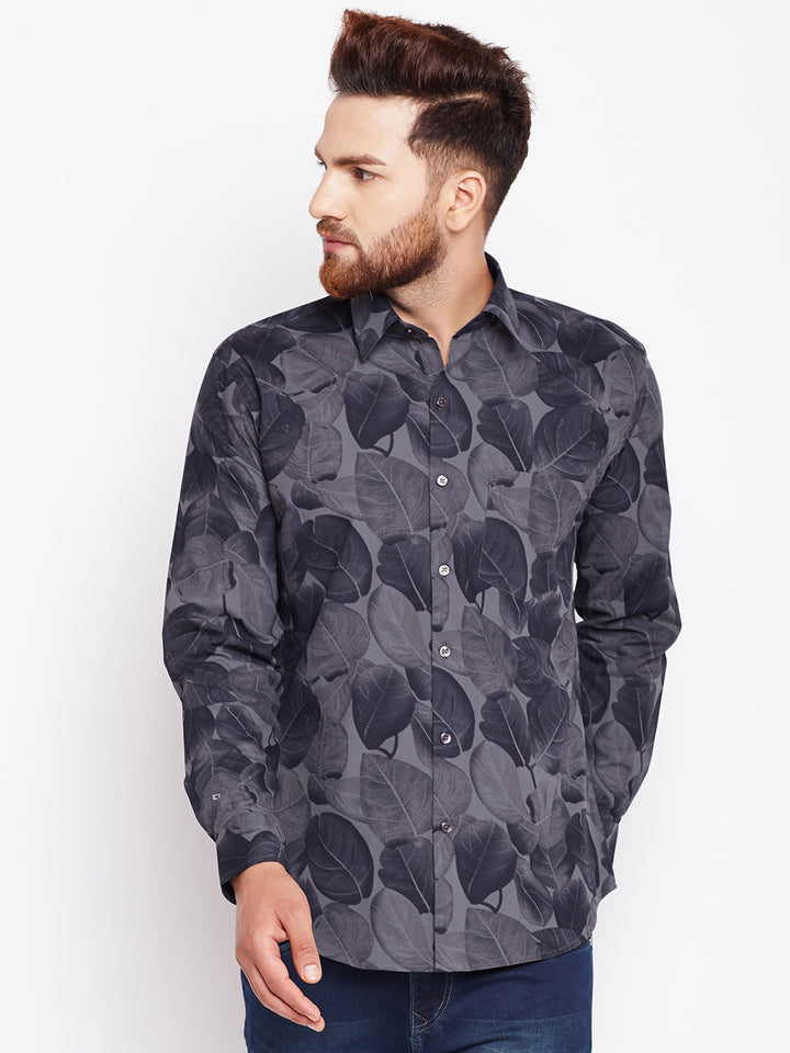 Men Grey Printed Pure Cotton Slim Fit Formal Shirt