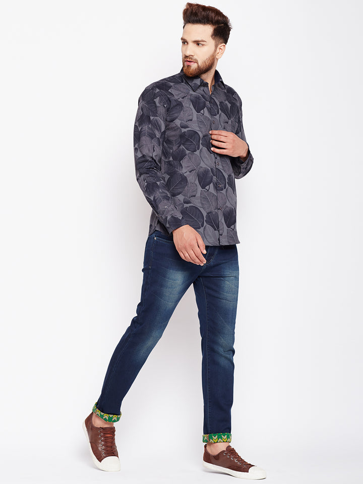 Men Grey Printed Pure Cotton Slim Fit Formal Shirt