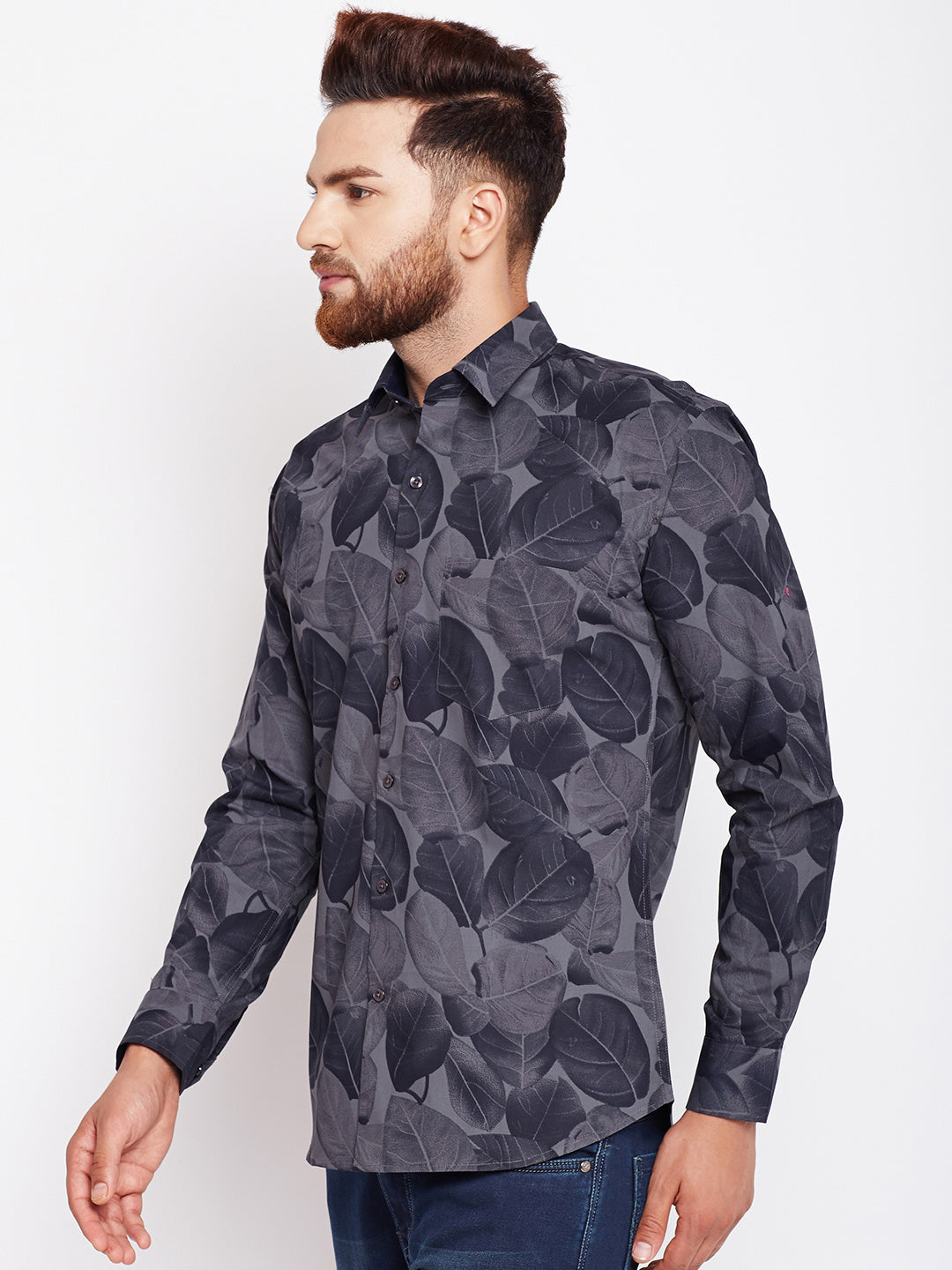 Men Grey Printed Pure Cotton Slim Fit Formal Shirt