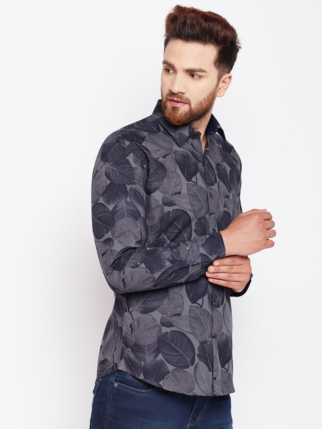 Men Grey Printed Pure Cotton Slim Fit Formal Shirt