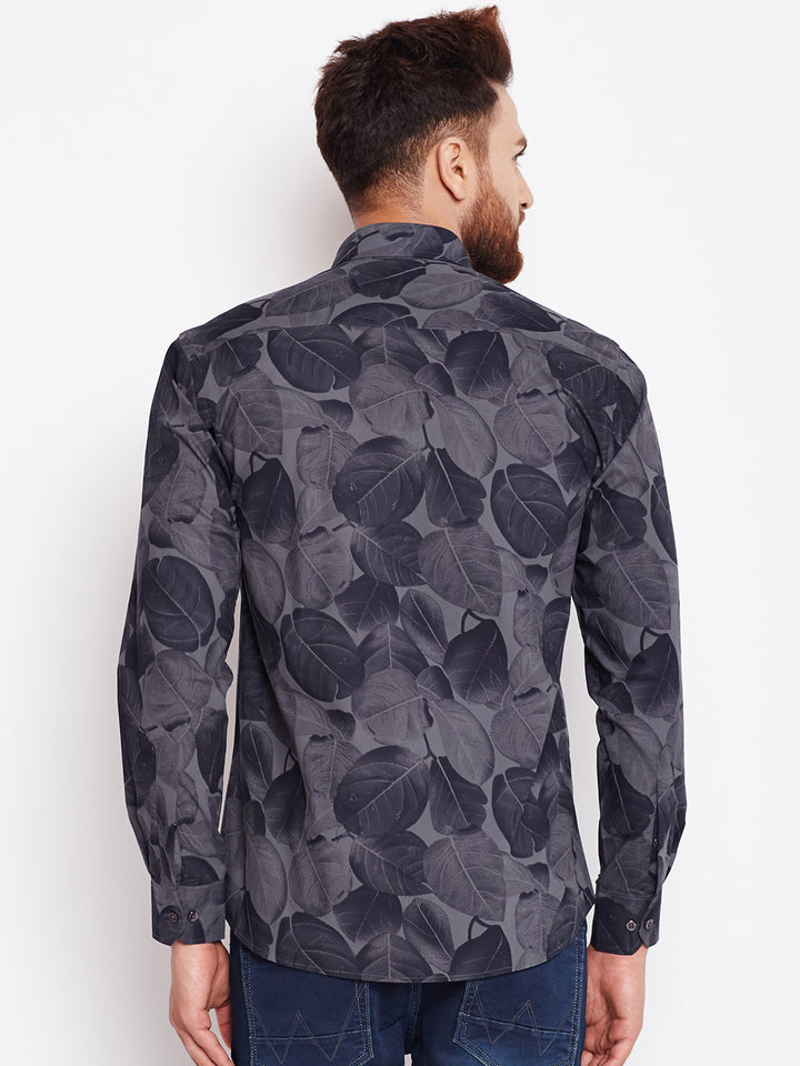Men Grey Printed Pure Cotton Slim Fit Formal Shirt