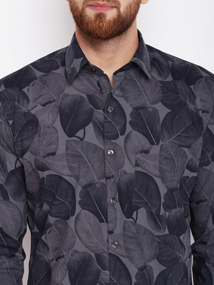 Men Grey Printed Pure Cotton Slim Fit Formal Shirt