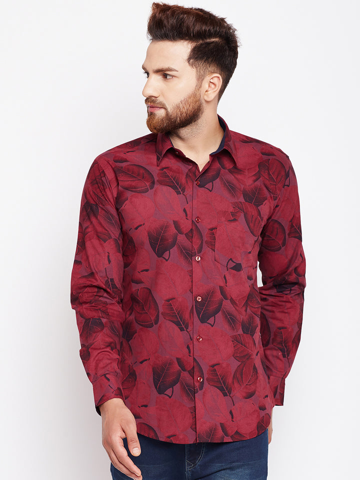 Men Maroon Printed Pure Cotton Slim Fit Formal Shirt
