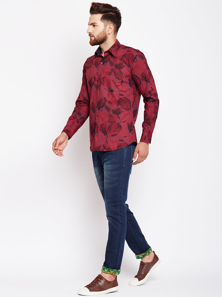 Men Maroon Printed Pure Cotton Slim Fit Formal Shirt