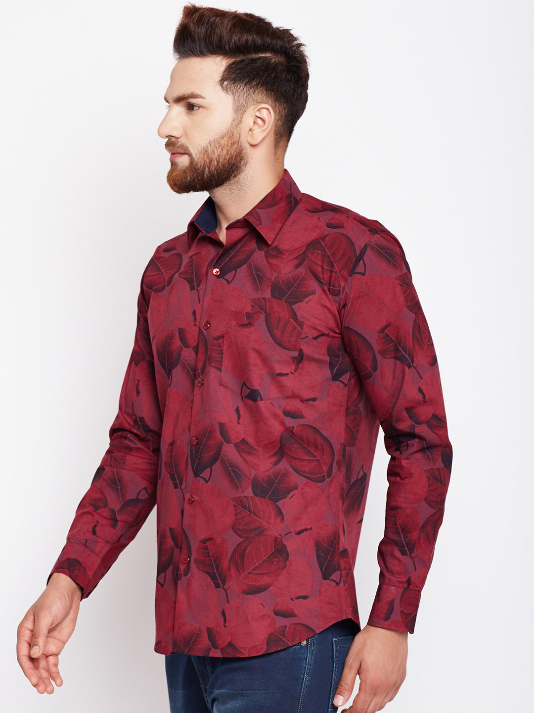 Men Maroon Printed Pure Cotton Slim Fit Formal Shirt