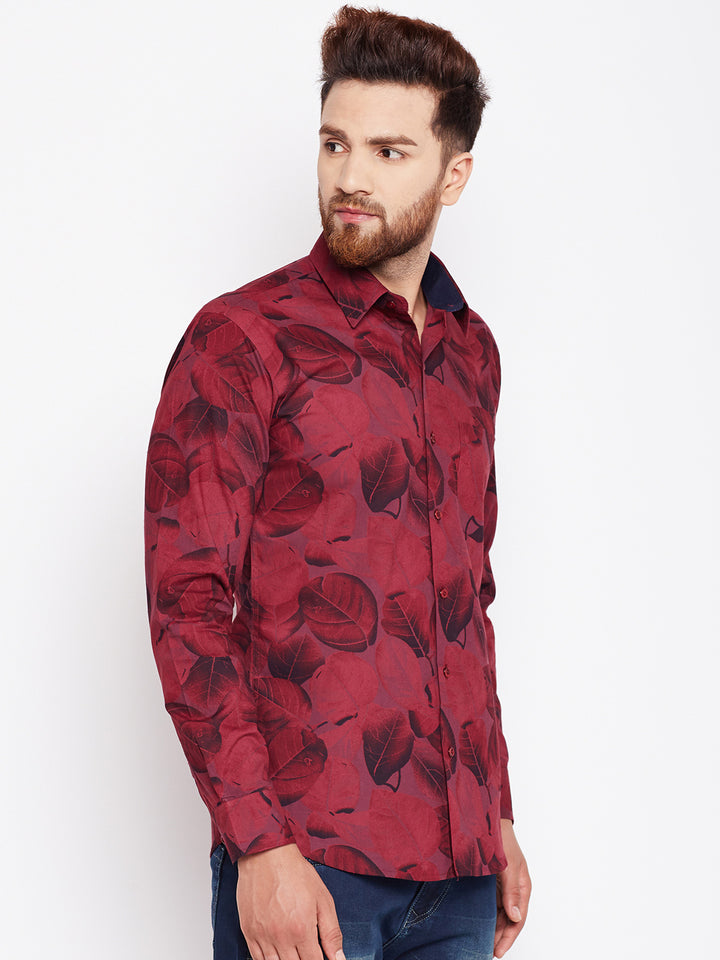 Men Maroon Printed Pure Cotton Slim Fit Formal Shirt