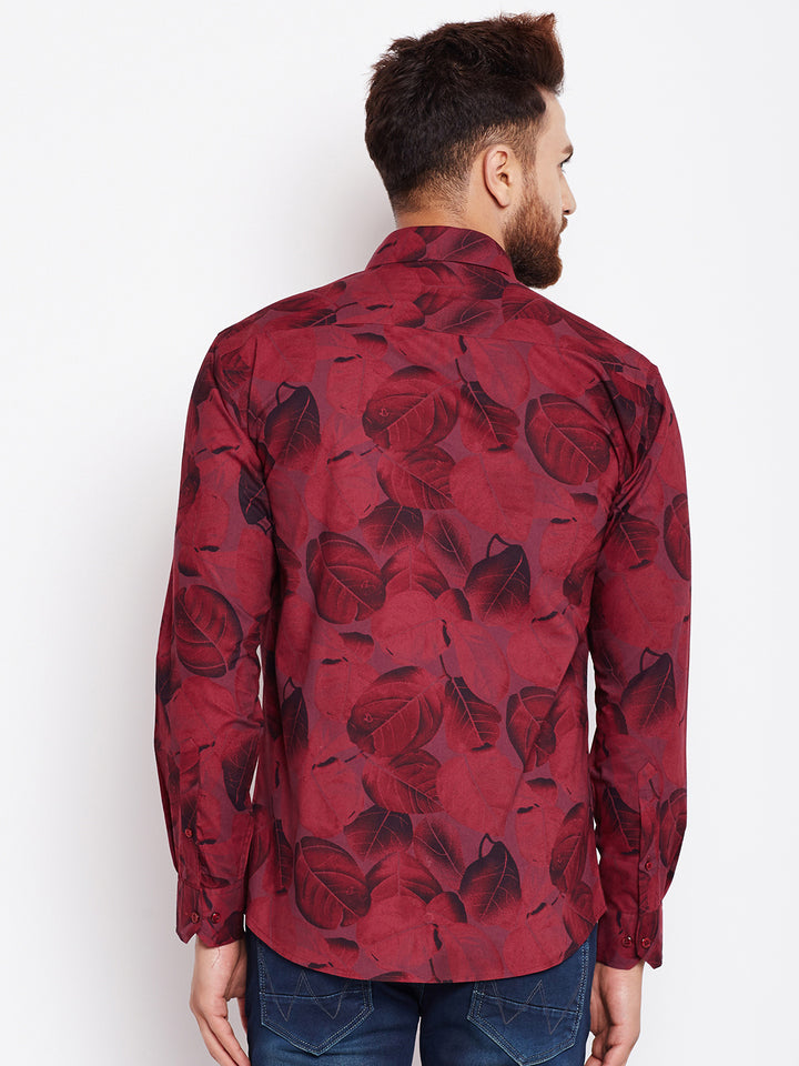 Men Maroon Printed Pure Cotton Slim Fit Formal Shirt