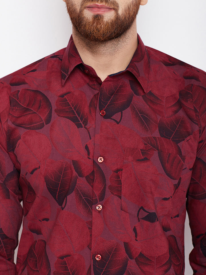 Men Maroon Printed Pure Cotton Slim Fit Formal Shirt