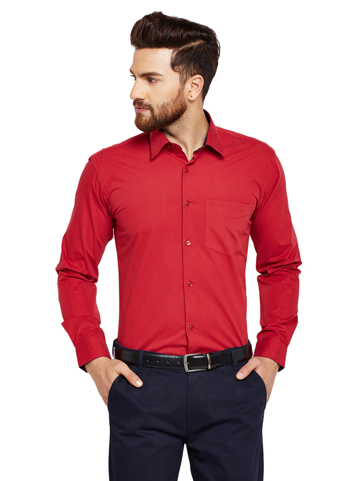 Men Red Solid Slim Fit Pure Cotton Formal Shirt