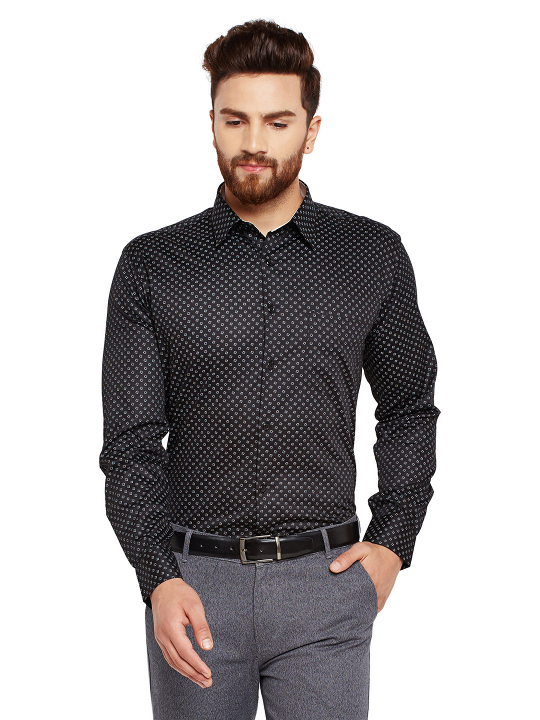 Men Black Prints Slim Fit Pure Cotton Formal Shirt