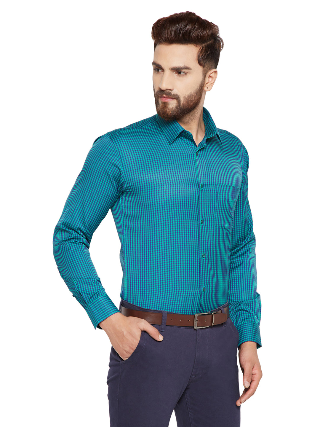 Men Green Checks Slim Fit Cotton Rich Formal Shirt