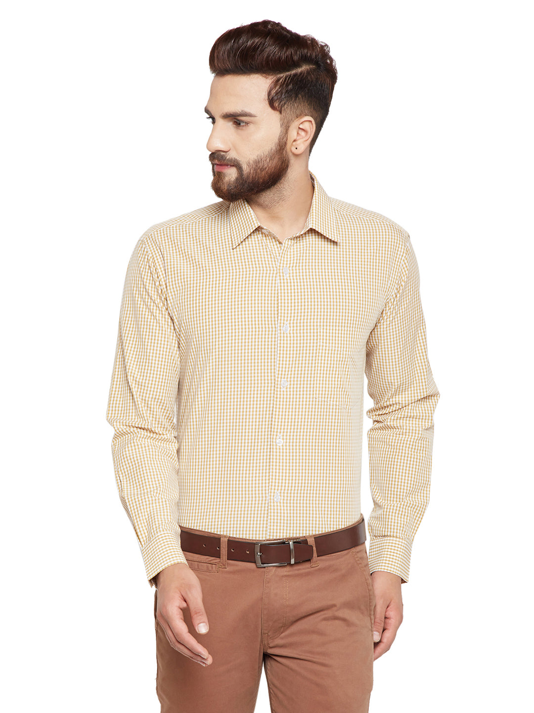 Men Yellow Checks Slim Fit Pure Cotton Formal Shirt
