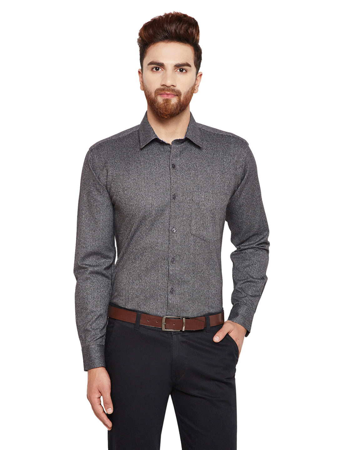Men Grey Solid Slim Fit Pure Cotton Formal Shirt