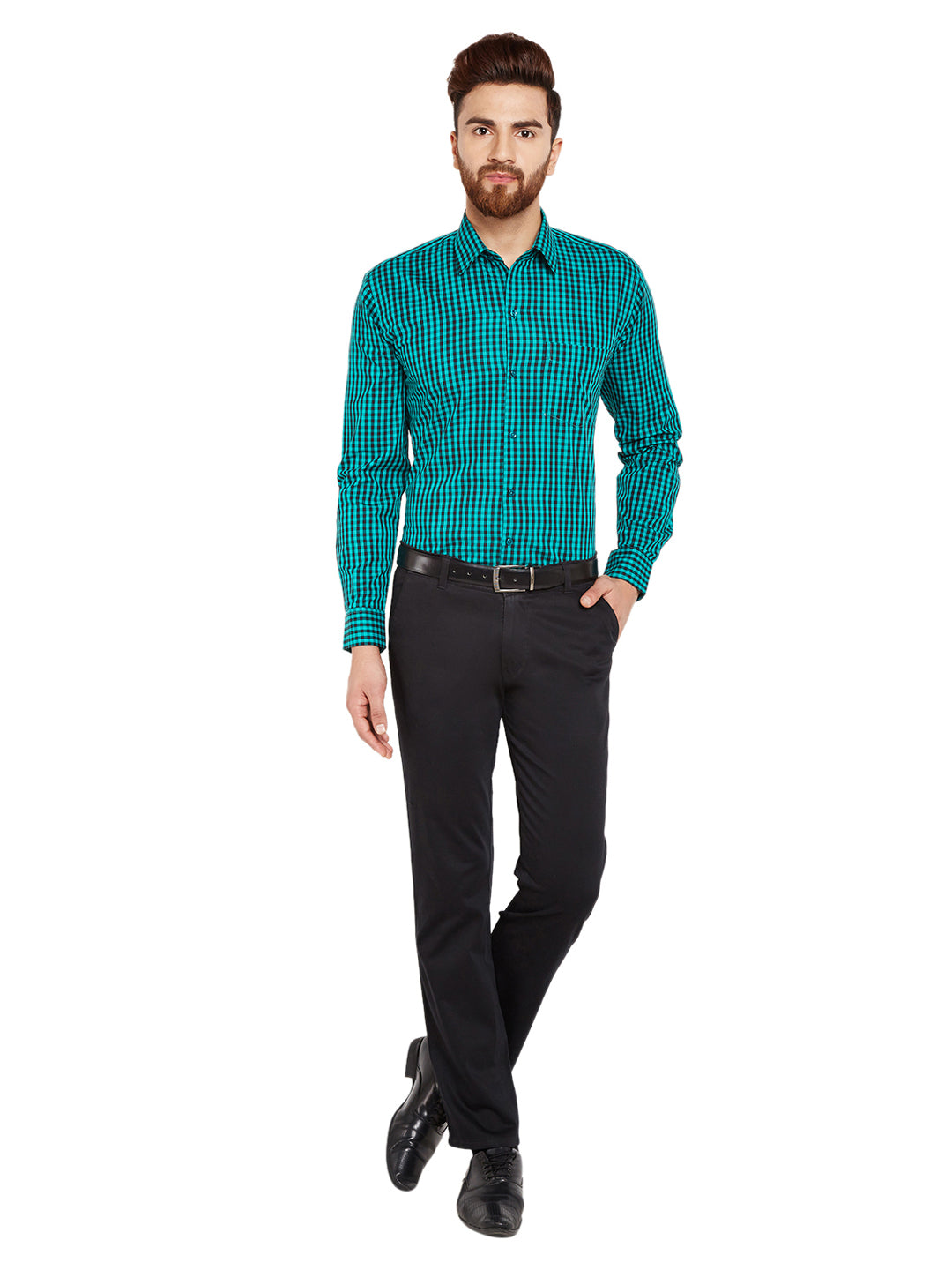 Men Green & Black Checks Slim Fit Pure Cotton Formal Shirt