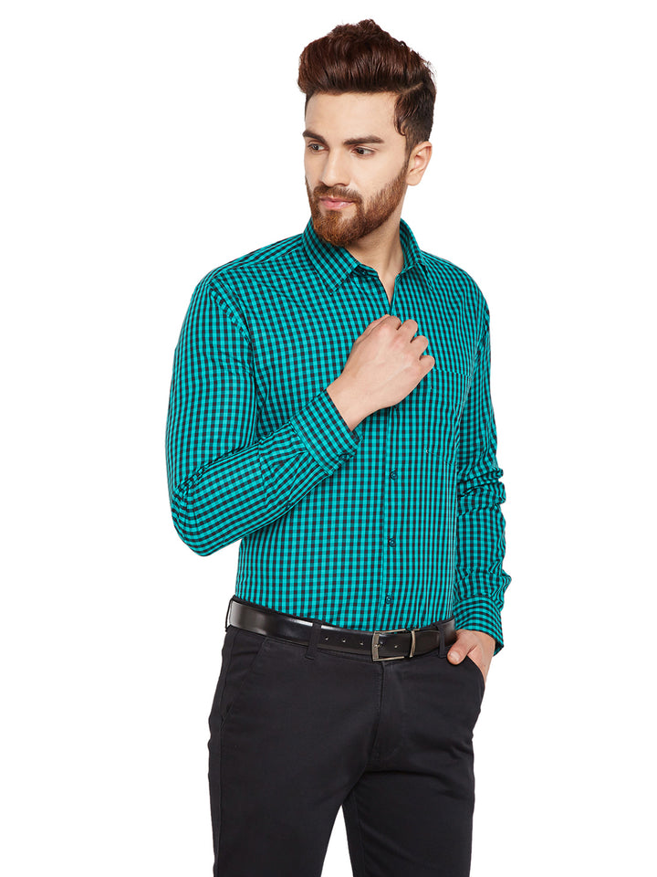 Men Green & Black Checks Slim Fit Pure Cotton Formal Shirt