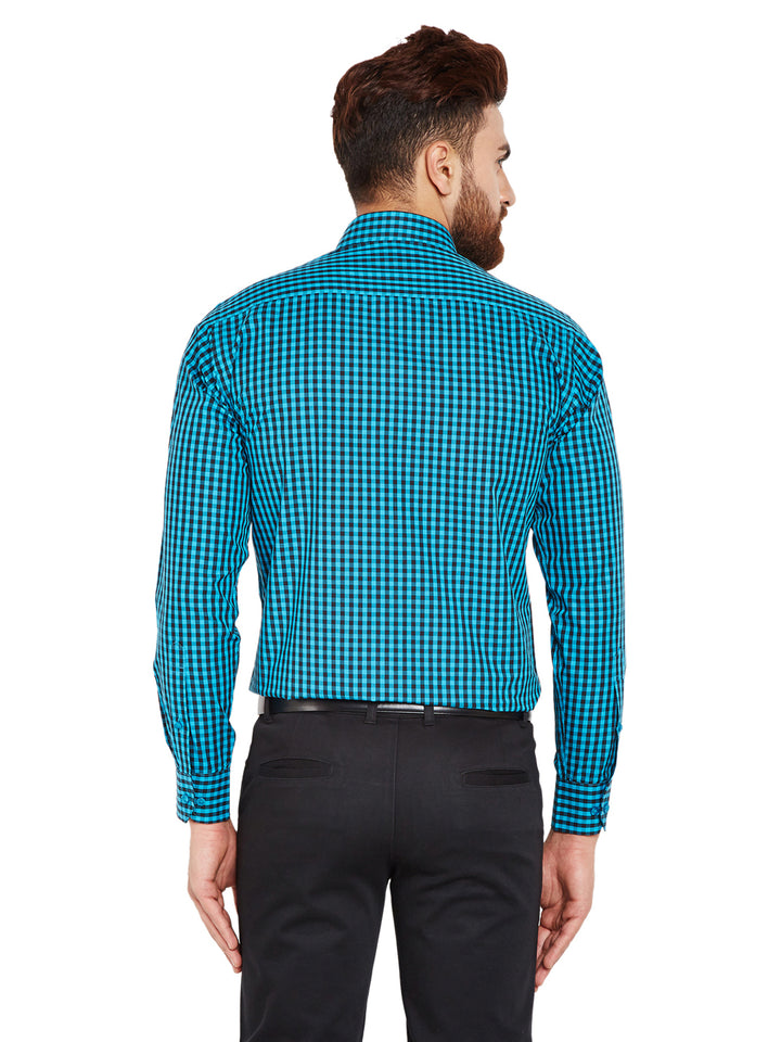 Men Turquoise Blue & Black Checks Slim Fit Pure Cotton Formal Shirt