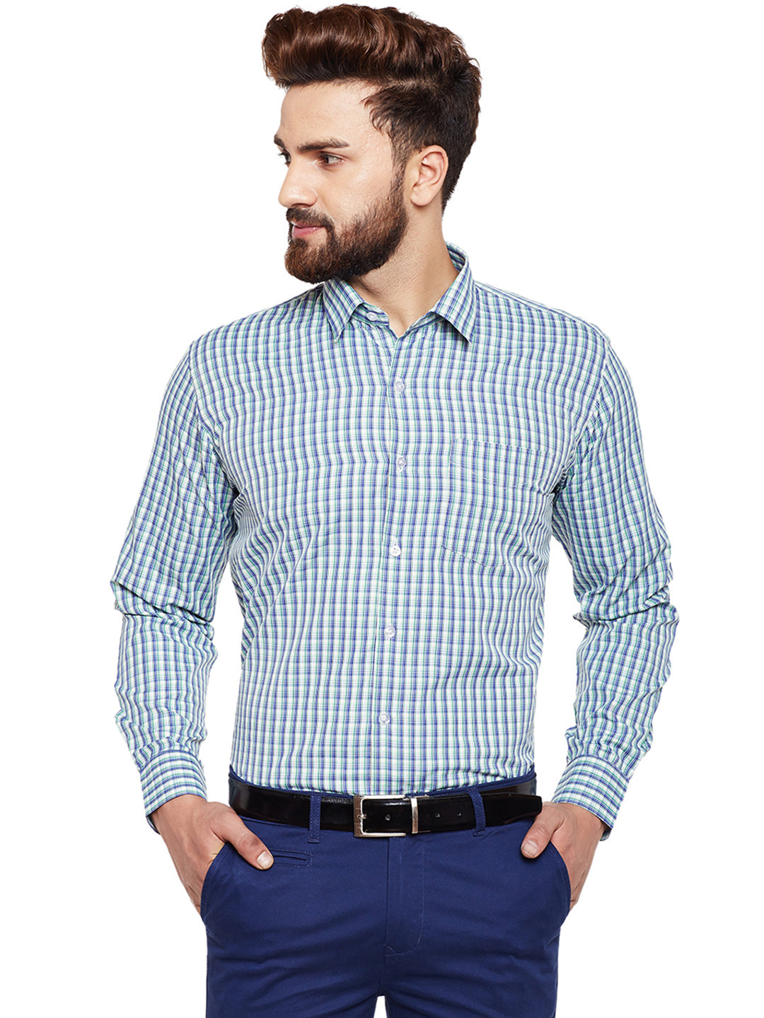 Men Green Checked Slim Fit Formal Shirt
