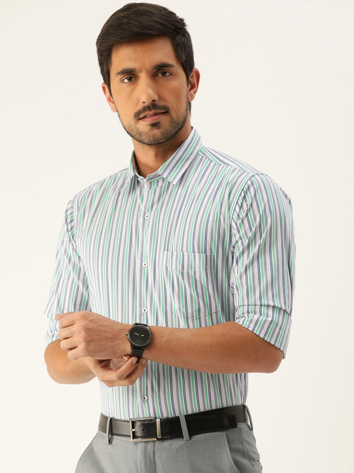 Men White & Blue Stripes Pure Cotton Slim Fit Formal Shirt