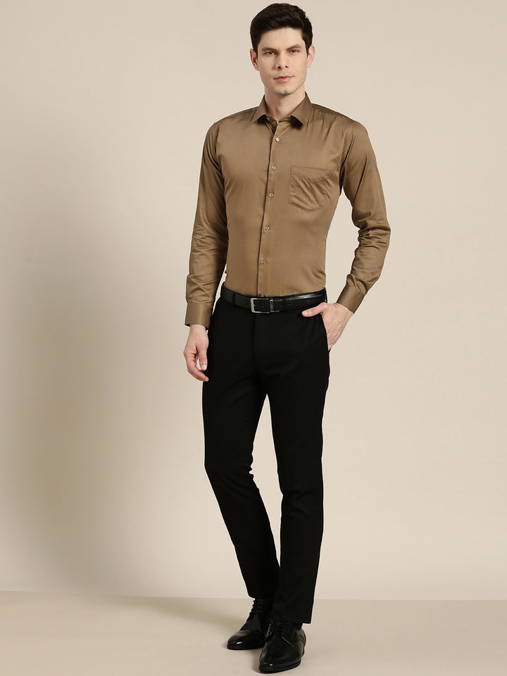 Men Brown Solid Pure Cotton Satin Slim Fit Formal Shirtt