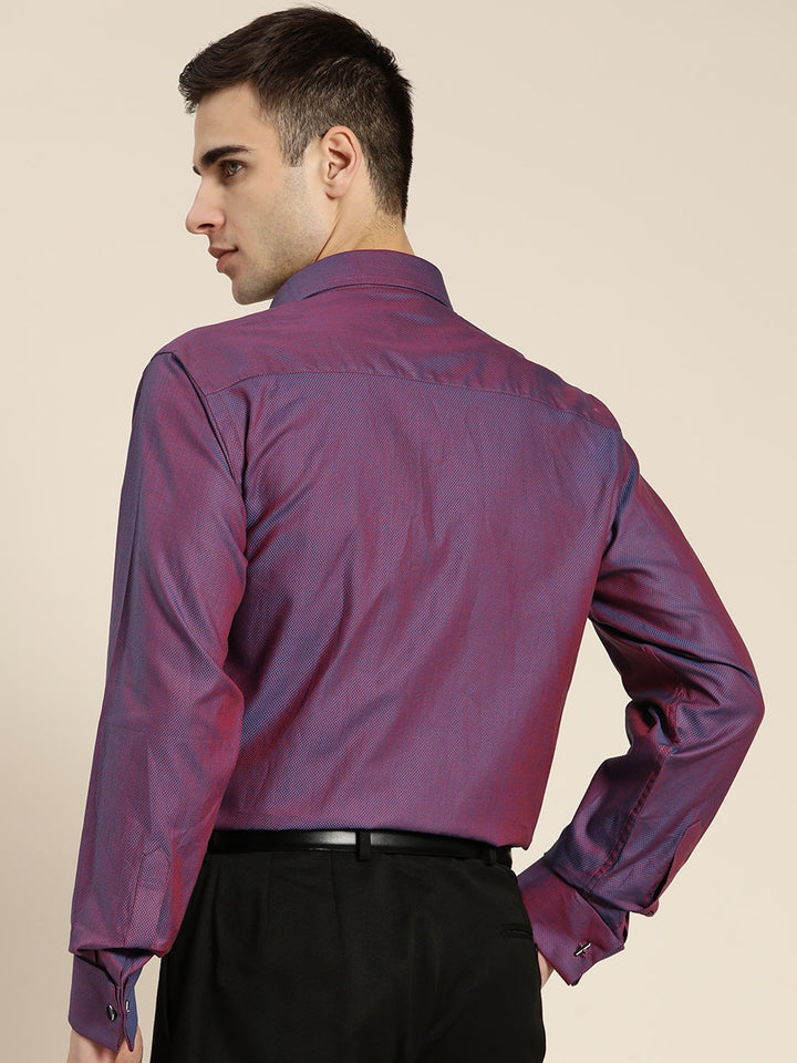 Men Wine Solid Self Design French Cuff Pure Cotton Slim Fit Formal Shirt