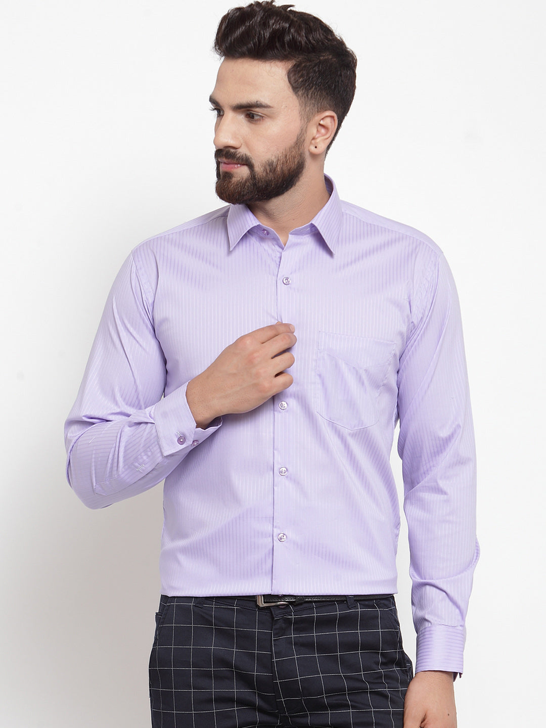 Men Purple Pure Cotton Striped Slim Fit Formal Shirt