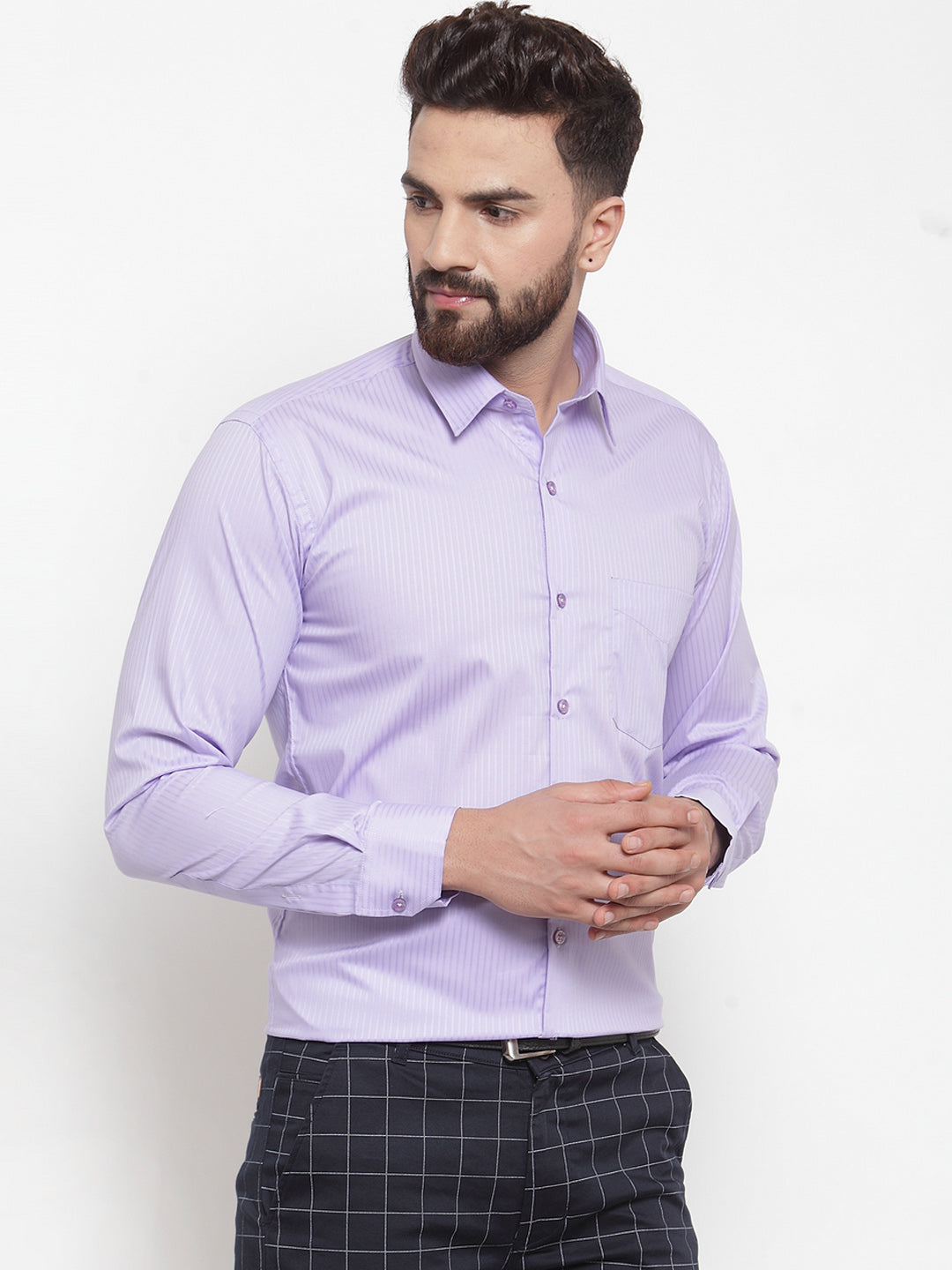 Men Purple Pure Cotton Striped Slim Fit Formal Shirt