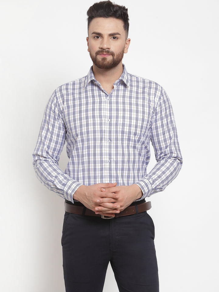 Men White Poly Cotton Checked Slim Fit Formal Shirt