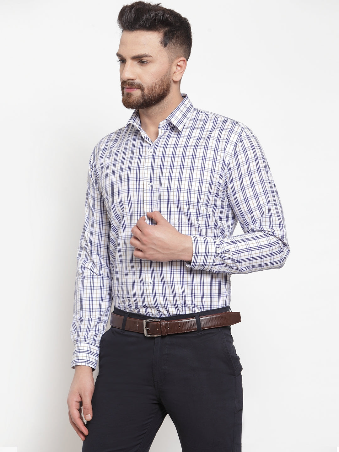 Men White Poly Cotton Checked Slim Fit Formal Shirt
