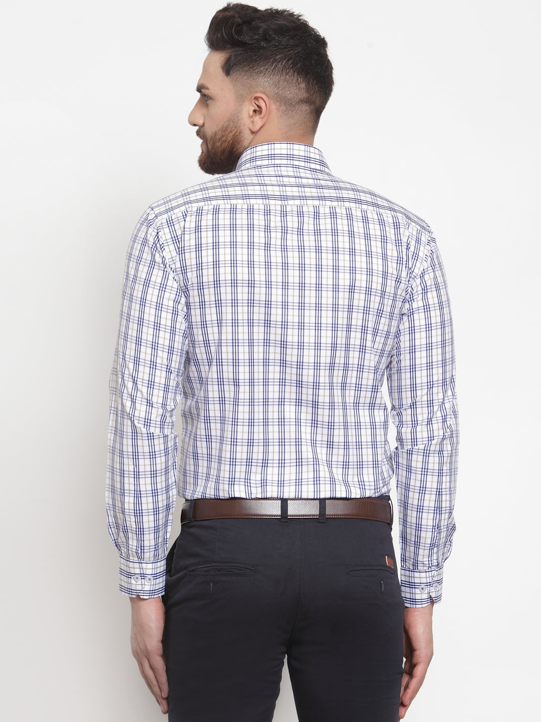 Men White Poly Cotton Checked Slim Fit Formal Shirt