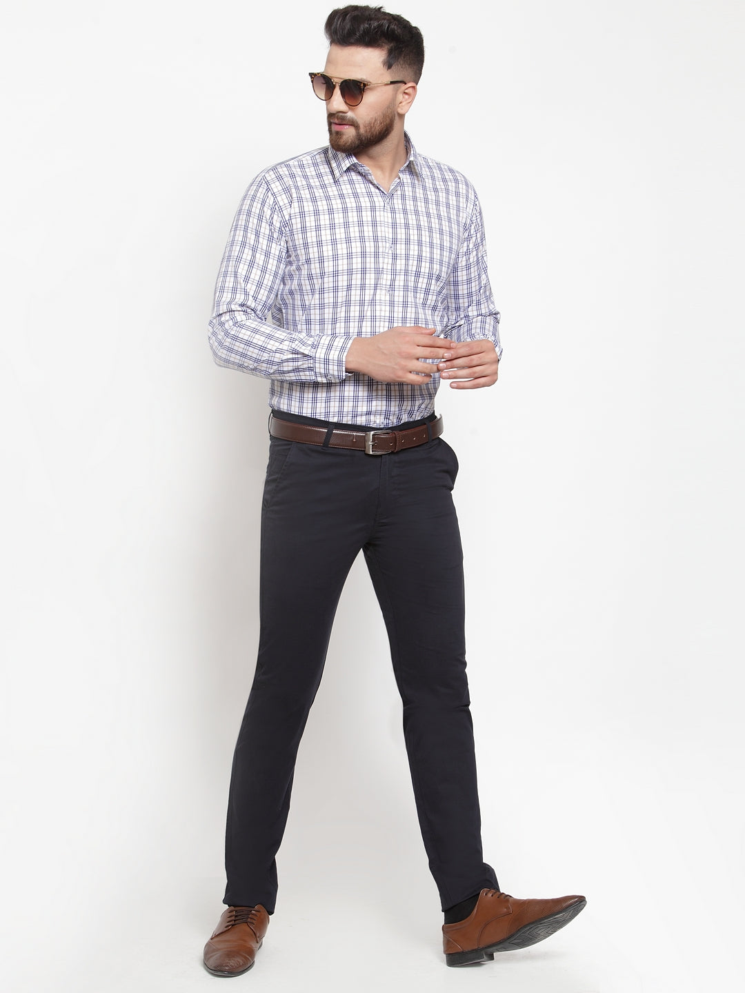 Men White Poly Cotton Checked Slim Fit Formal Shirt