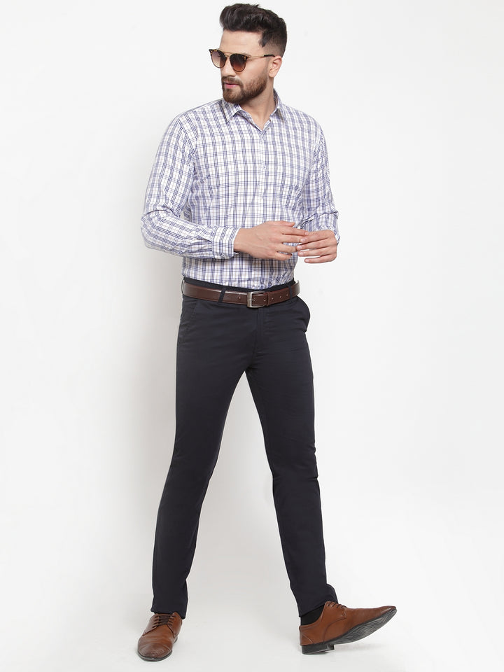 Men White Poly Cotton Checked Slim Fit Formal Shirt