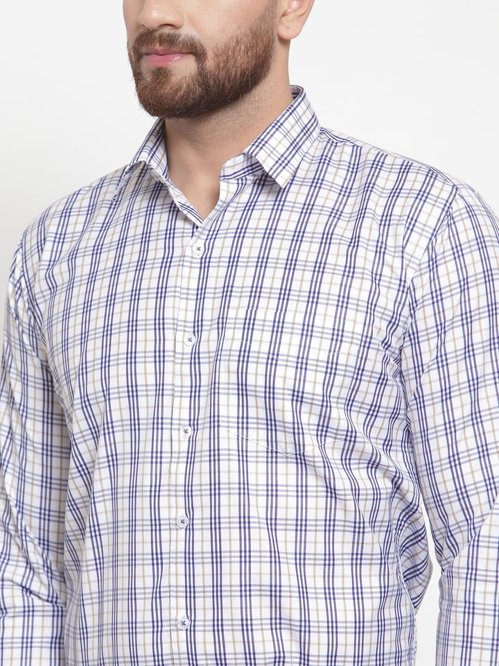Men White Poly Cotton Checked Slim Fit Formal Shirt