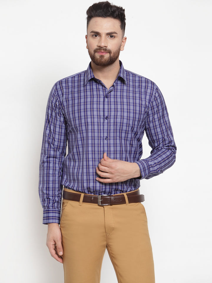Men Navy Poly Cotton Checked Slim Fit Formal Shirt