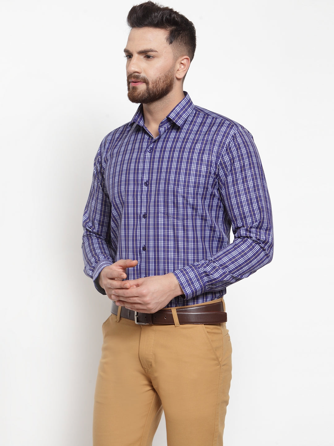 Men Navy Poly Cotton Checked Slim Fit Formal Shirt