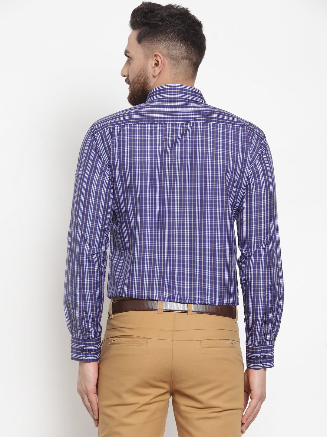 Men Navy Poly Cotton Checked Slim Fit Formal Shirt