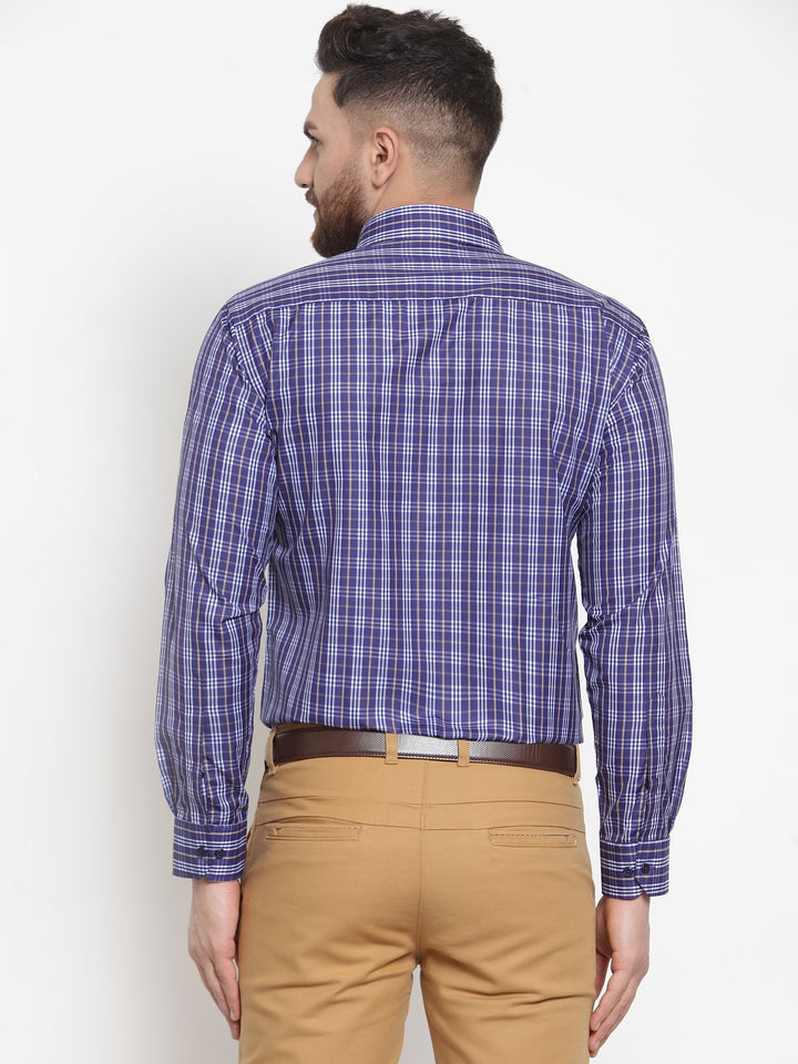 Men Navy Poly Cotton Checked Slim Fit Formal Shirt