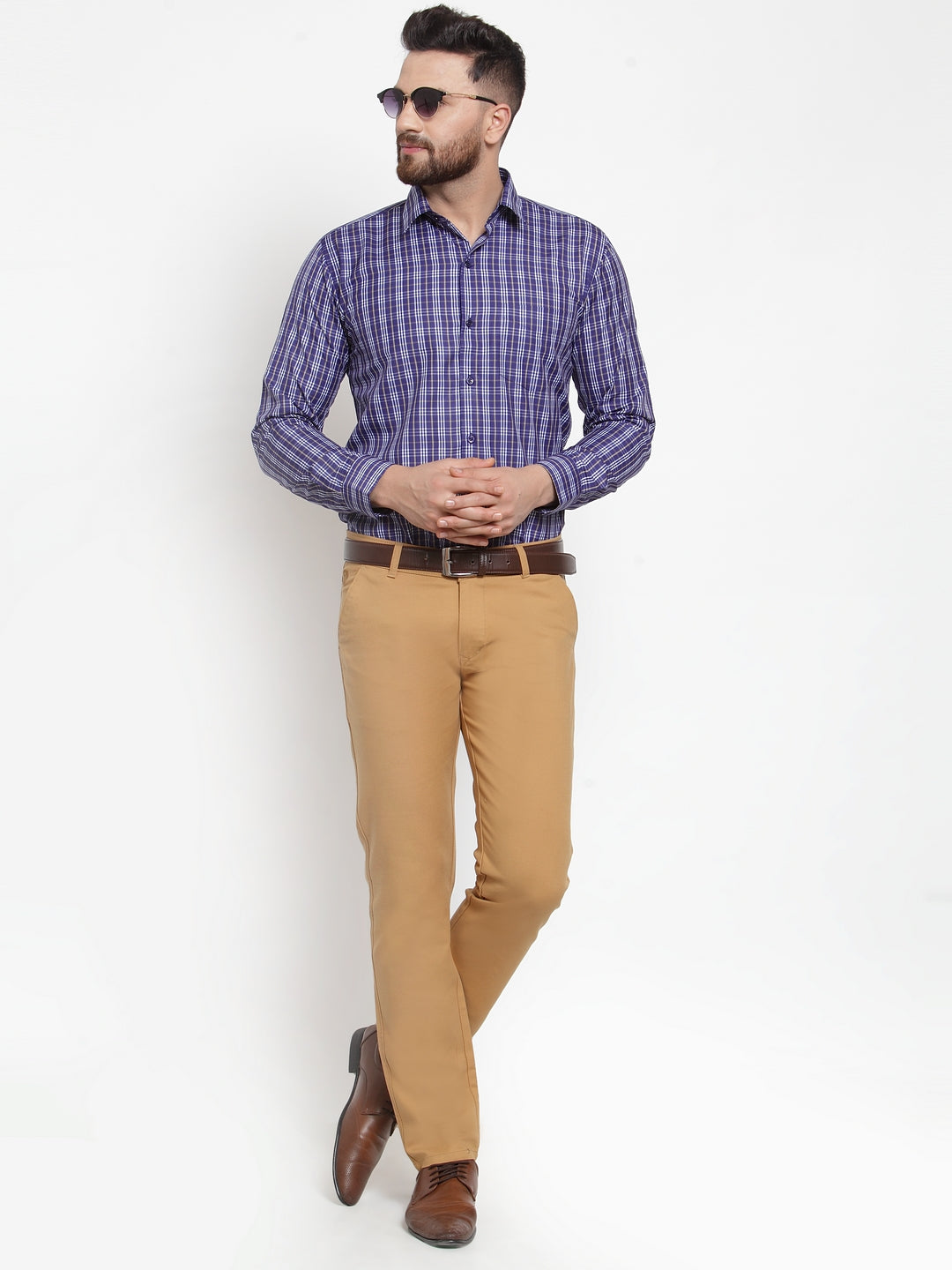Men Navy Poly Cotton Checked Slim Fit Formal Shirt