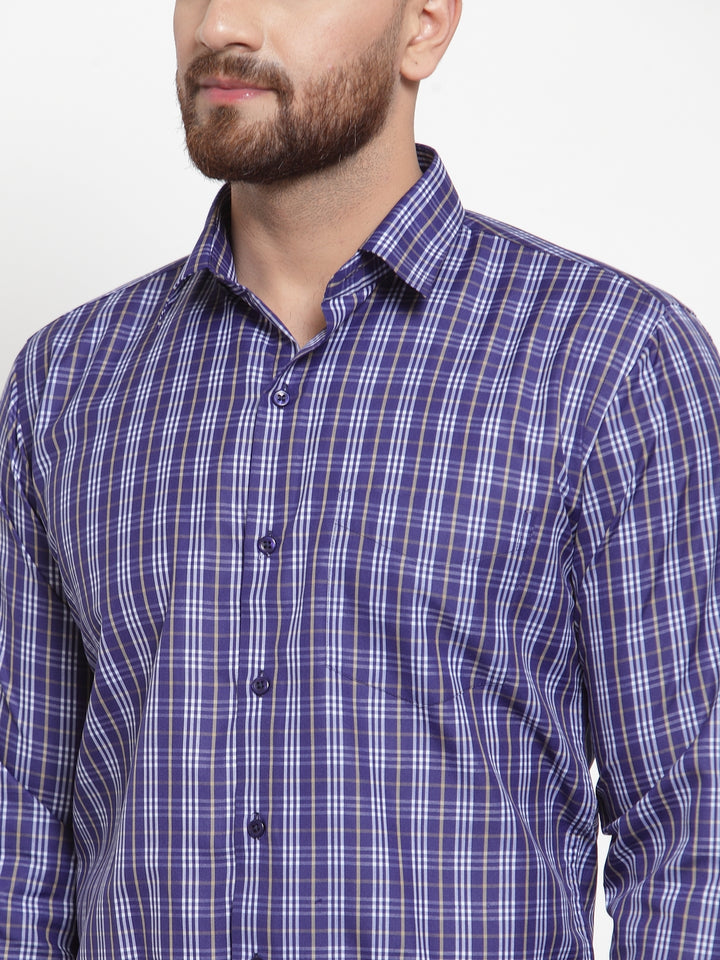Men Navy Poly Cotton Checked Slim Fit Formal Shirt