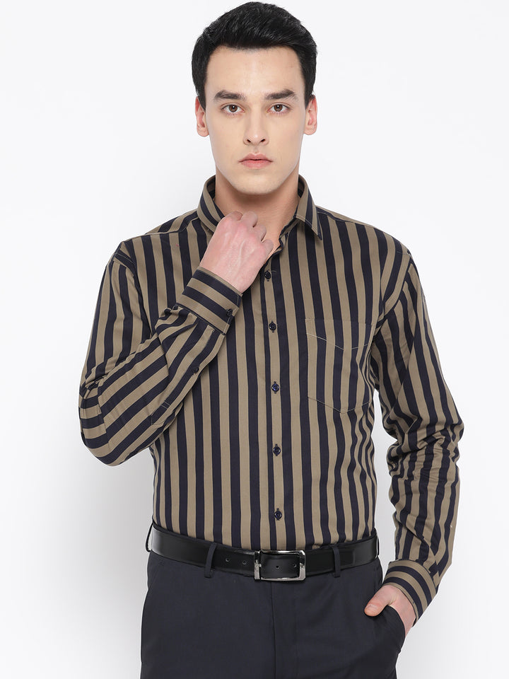 Men Navy & Olive Pure Cotton Striped Slim Fit Formal Shirt