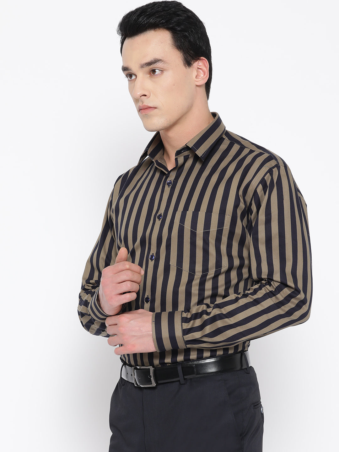 Men Navy & Olive Pure Cotton Striped Slim Fit Formal Shirt