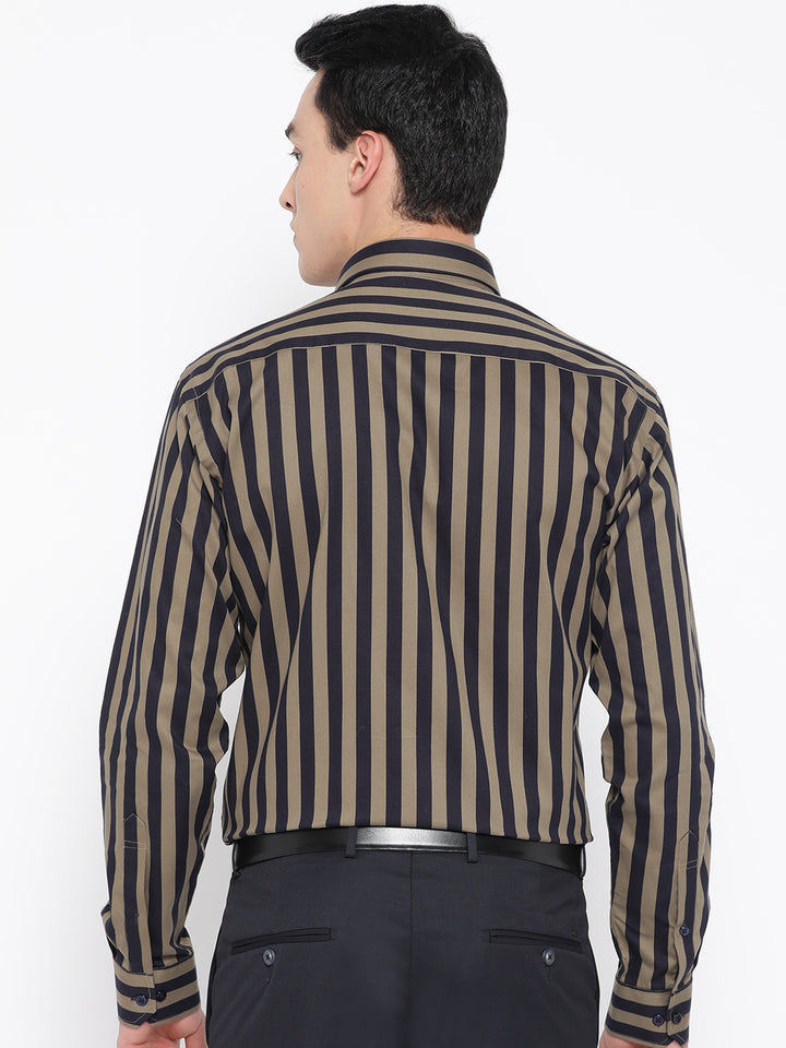 Men Navy & Olive Pure Cotton Striped Slim Fit Formal Shirt