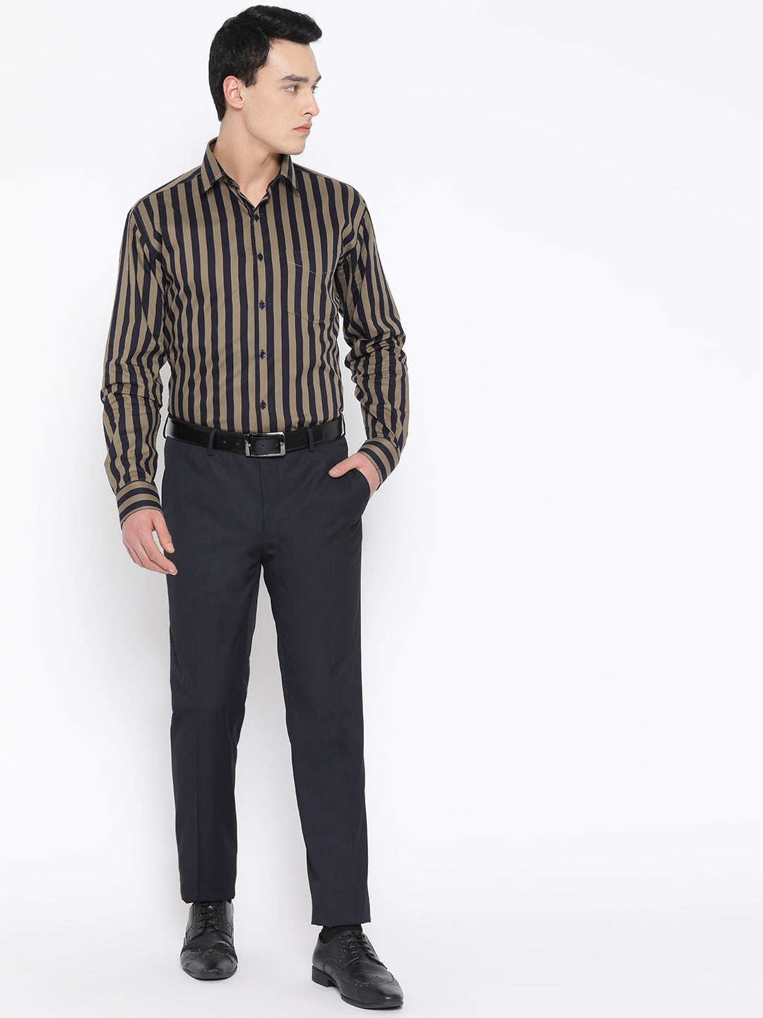 Men Navy & Olive Pure Cotton Striped Slim Fit Formal Shirt