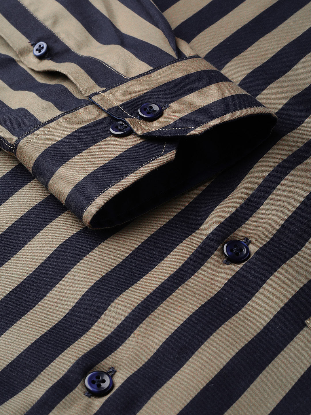 Men Navy & Olive Pure Cotton Striped Slim Fit Formal Shirt