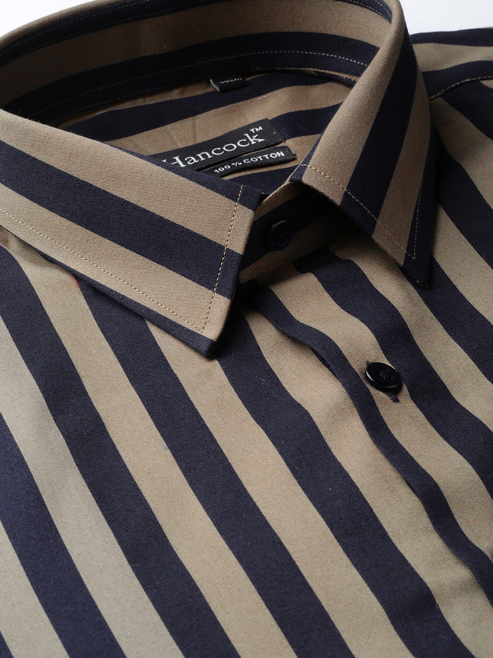 Men Navy & Olive Pure Cotton Striped Slim Fit Formal Shirt