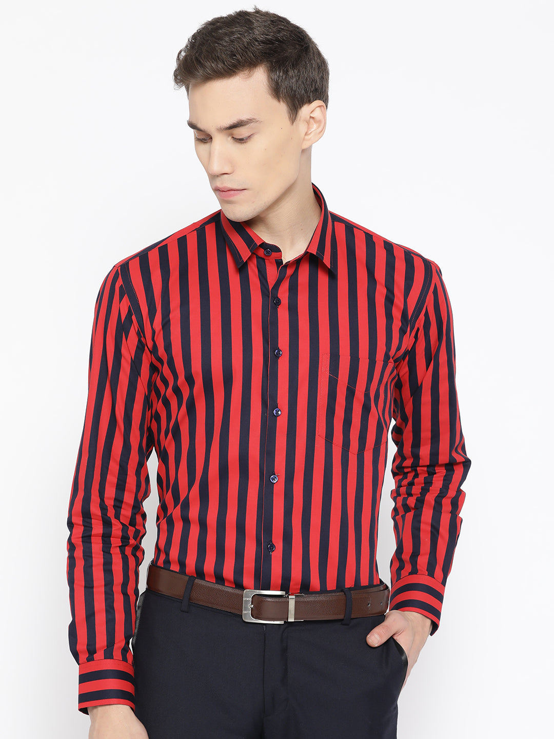 Men Navy & Red Pure Cotton Striped Slim Fit Formal Shirt
