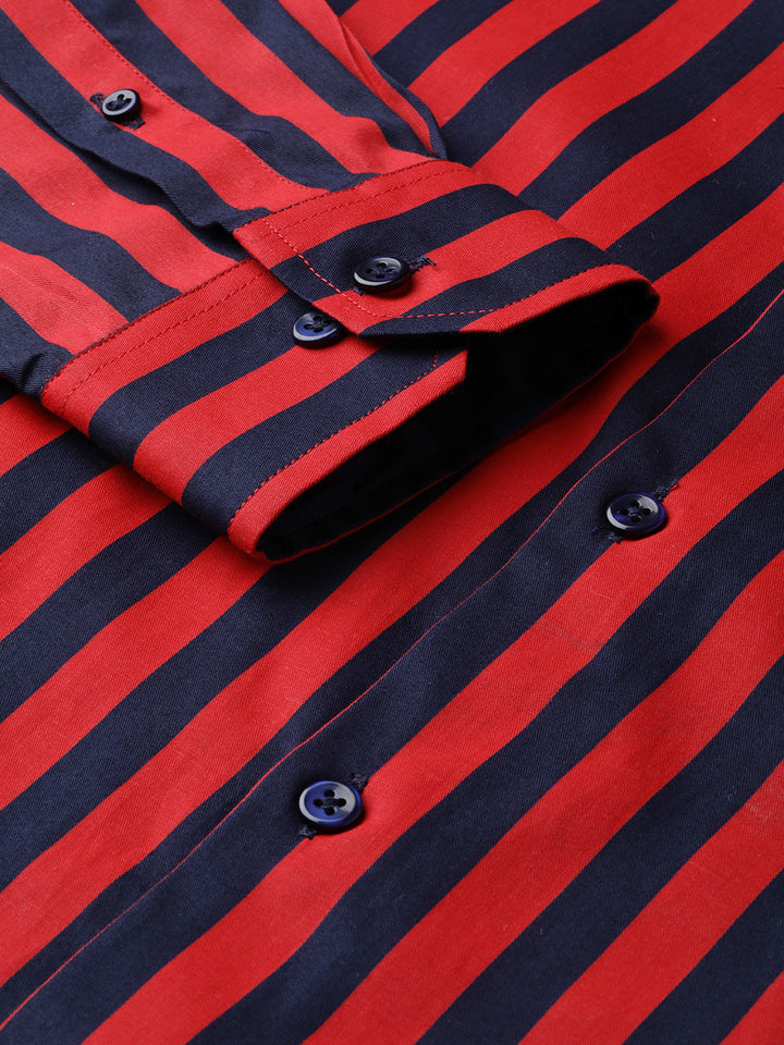 Men Navy & Red Pure Cotton Striped Slim Fit Formal Shirt