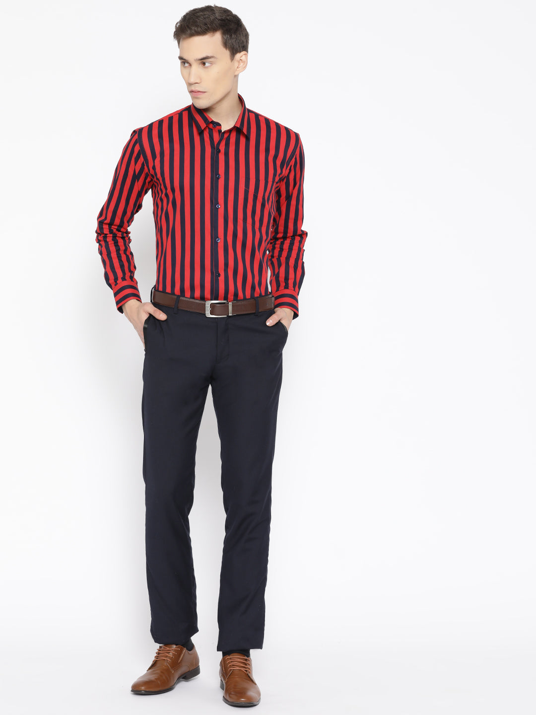 Men Navy & Red Pure Cotton Striped Slim Fit Formal Shirt