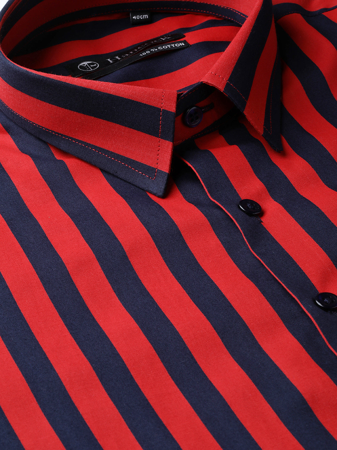Men Navy & Red Pure Cotton Striped Slim Fit Formal Shirt