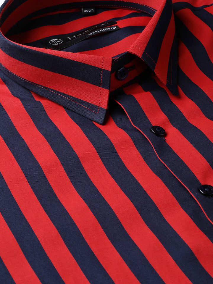 Men Navy & Red Pure Cotton Striped Slim Fit Formal Shirt