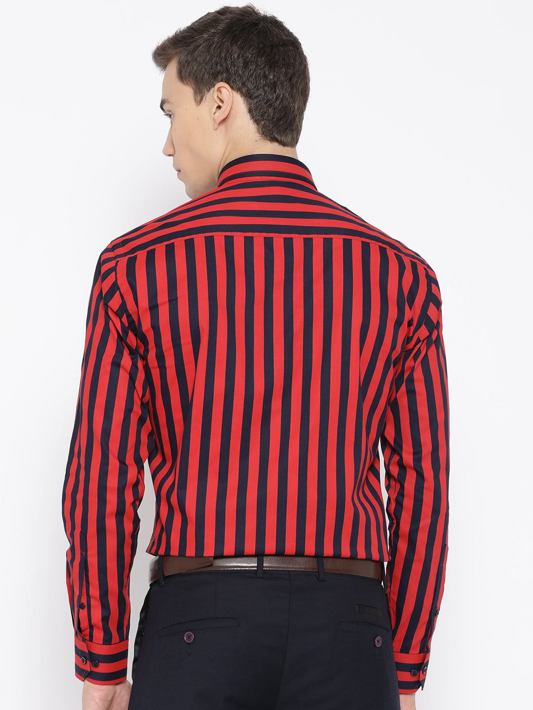 Men Navy & Red Pure Cotton Striped Slim Fit Formal Shirt